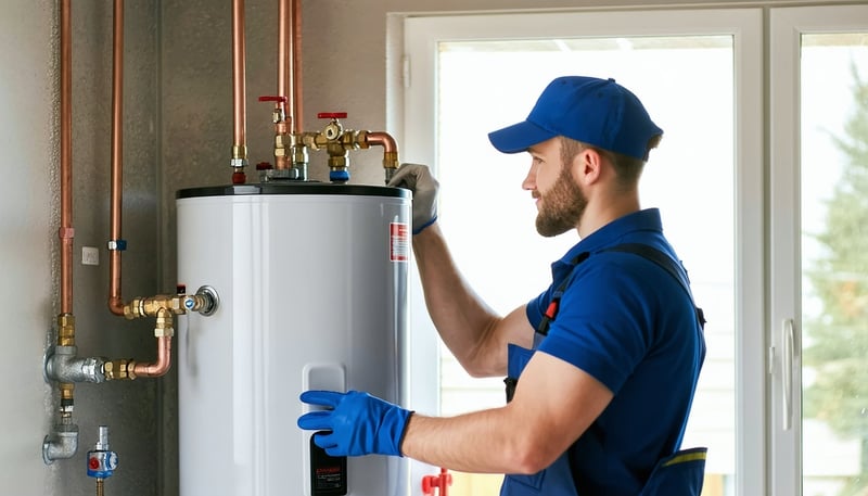Technician installing a new water heater in a residential home
