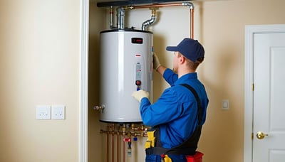 Plumber installing a water heater in a residential home